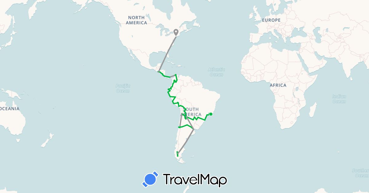 TravelMap itinerary: driving, bus, plane in Argentina, Bolivia, Brazil, Chile, Colombia, Costa Rica, Ecuador, Nicaragua, Panama, Peru, Paraguay, El Salvador, United States (North America, South America)